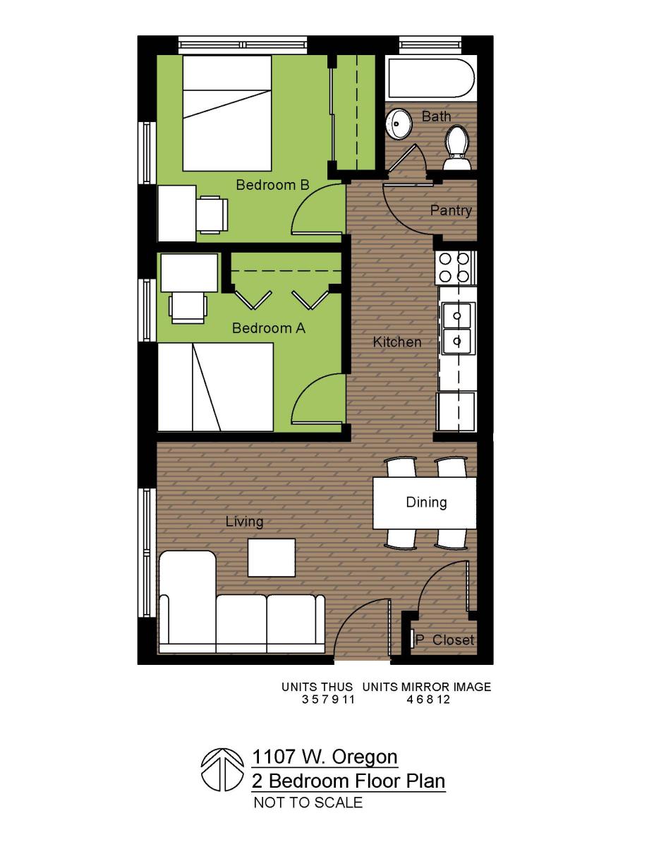 1107 W Oregon 2 Bedroom Floor Plan